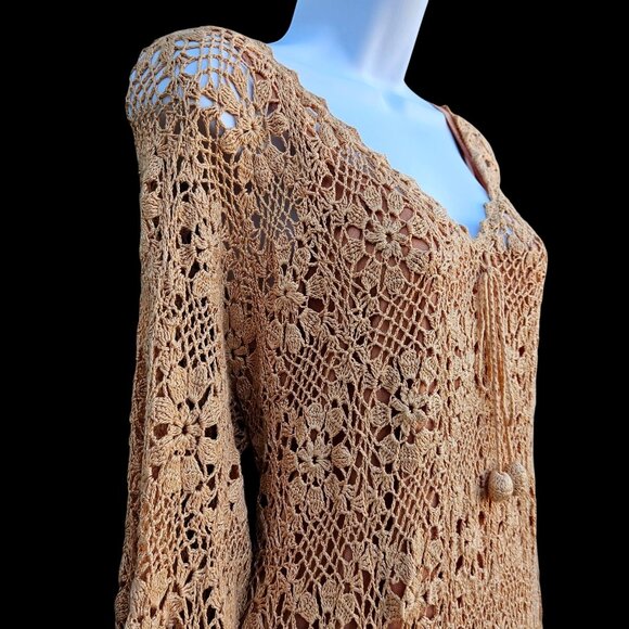 70s Hand Crochet Neutral Beige Maxi Floral Bell Sleeve Boho Volup XL–5X NWOT - Picture 11 of 12